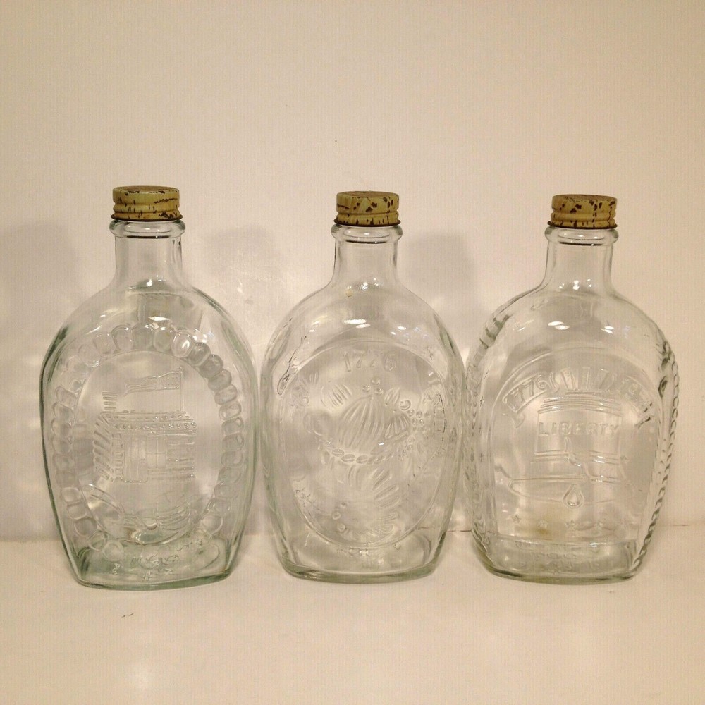 (3) Vintage Log Cabin Syrup USA Bicentennial Clear Glass Bottle 1976  Lot of 3